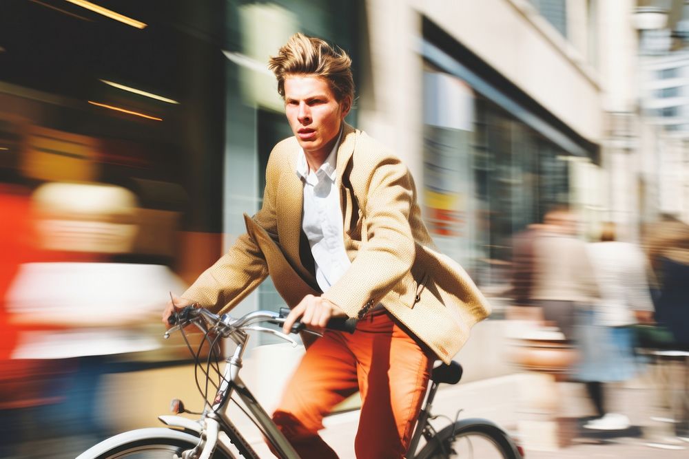 Motion blur man riding bike portrait bicycle vehicle.