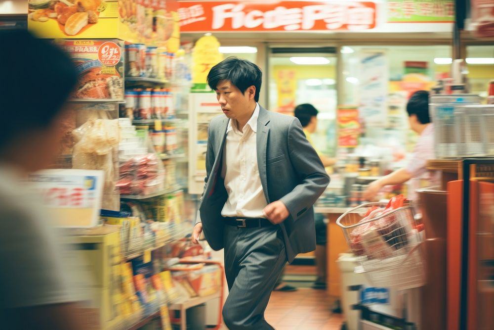 Motion blur man walking in supermarket shopping adult architecture.