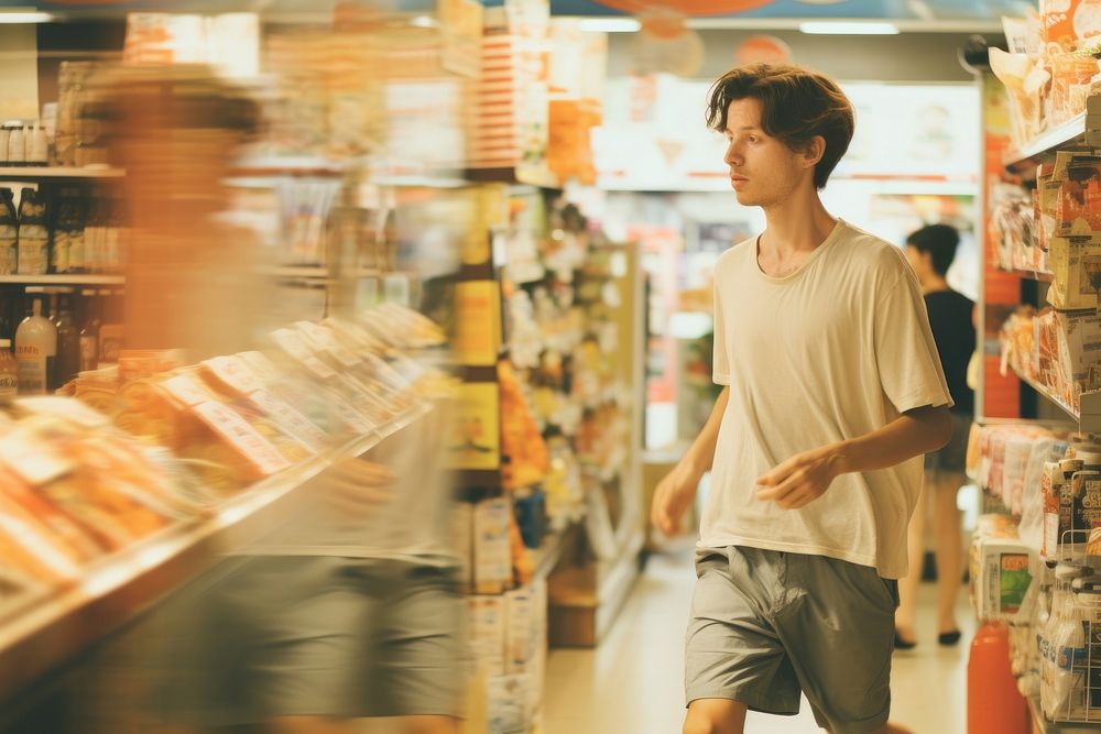 Motion blur man walking in supermarket architecture consumerism abundance.