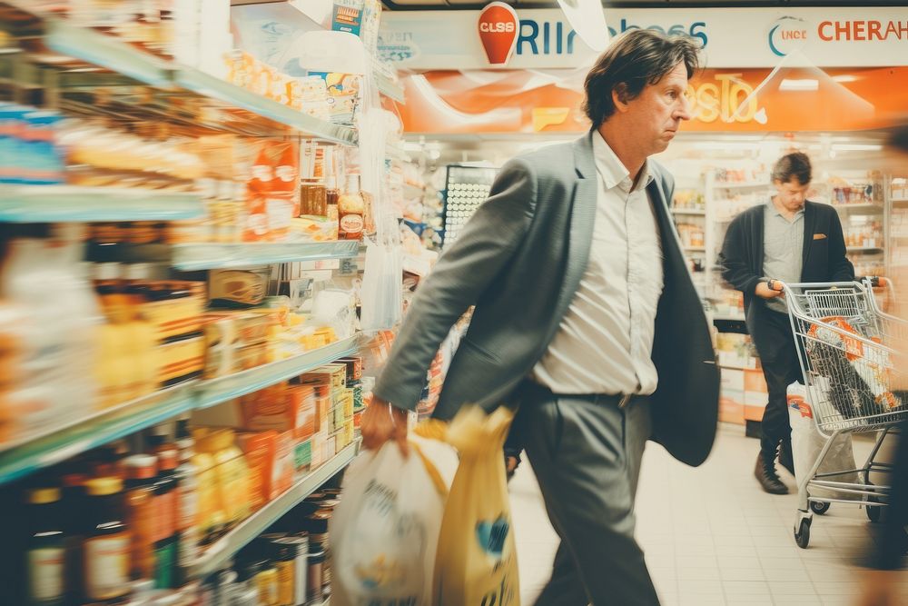 Motion blur man walking in supermarket shopping adult transportation.
