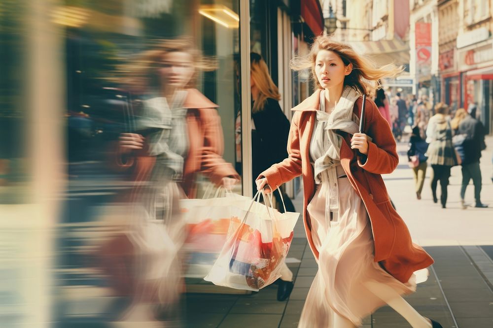 Motion blur middle age woman carrying shopping bag portrait adult coat.