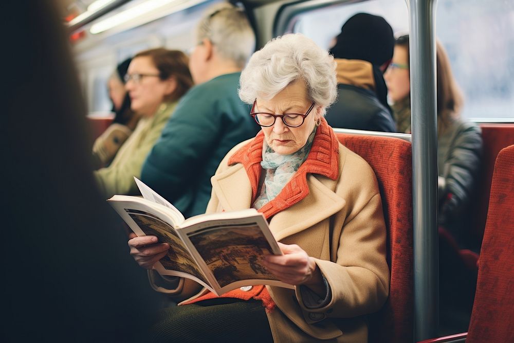Motion blur old woman reading book in train adult publication accessories.