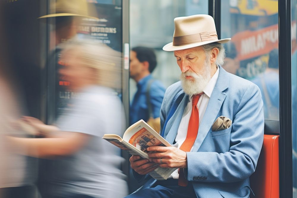 Motion blur old businessman reading a novel in train adult men architecture.