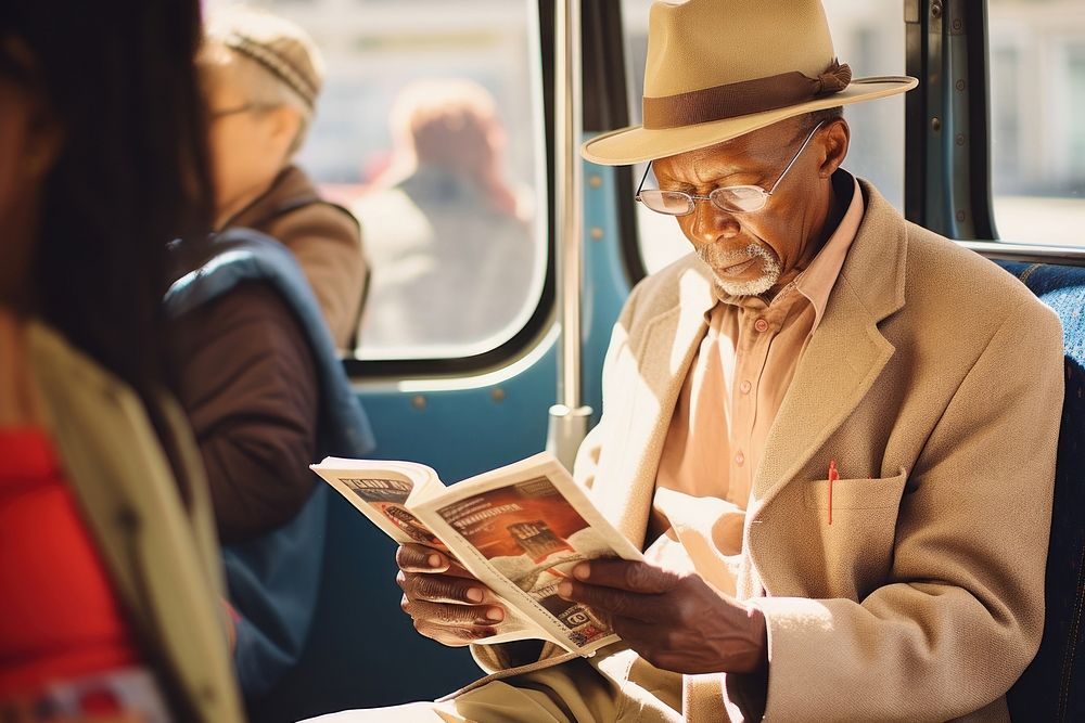 Motion blur old african american reading a book in bus adult men architecture.