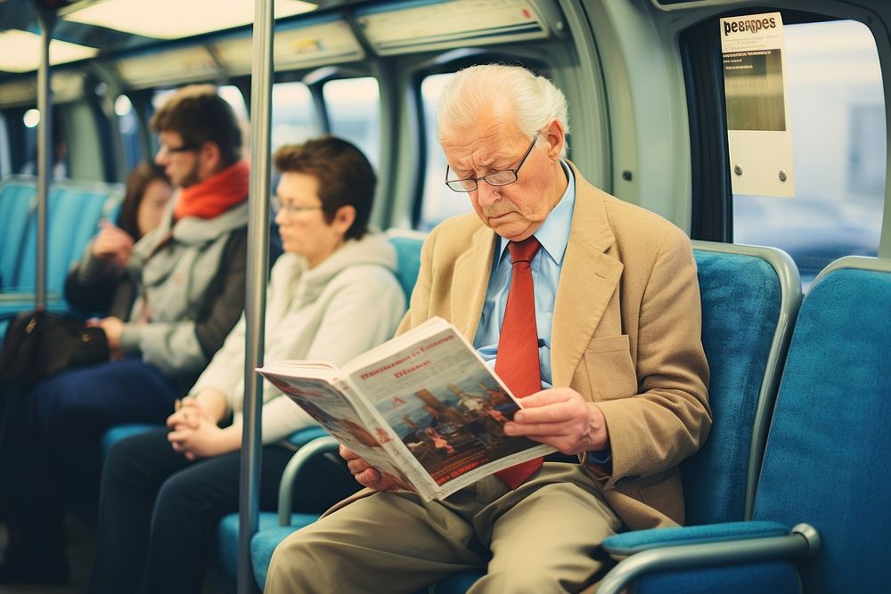 Motion blur old businessman reading book in train publication glasses sitting.