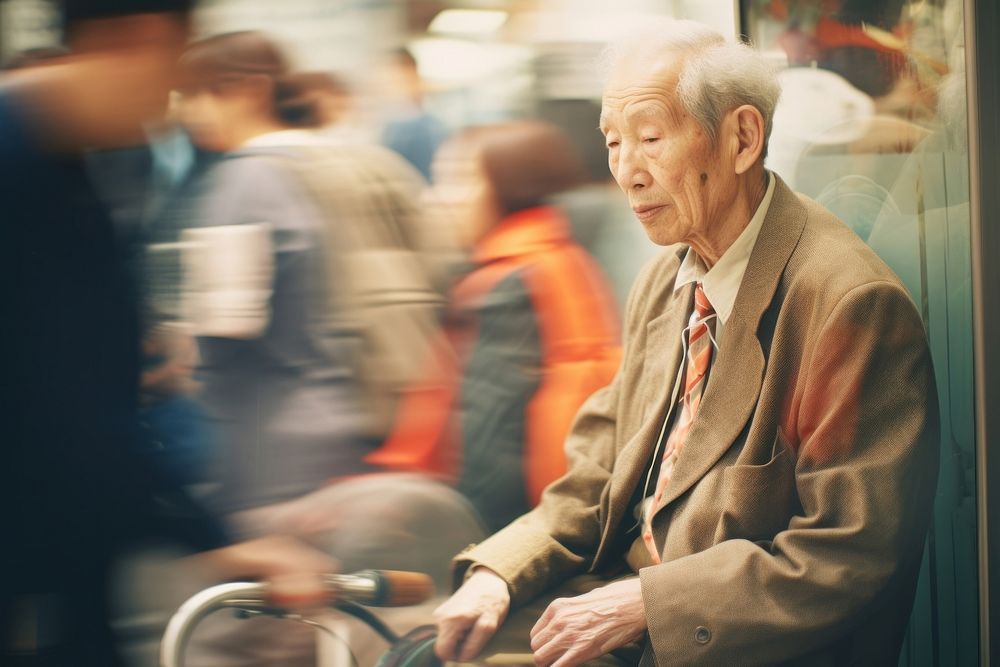 A motion blur old man waiting for queue in line portrait photography adult.