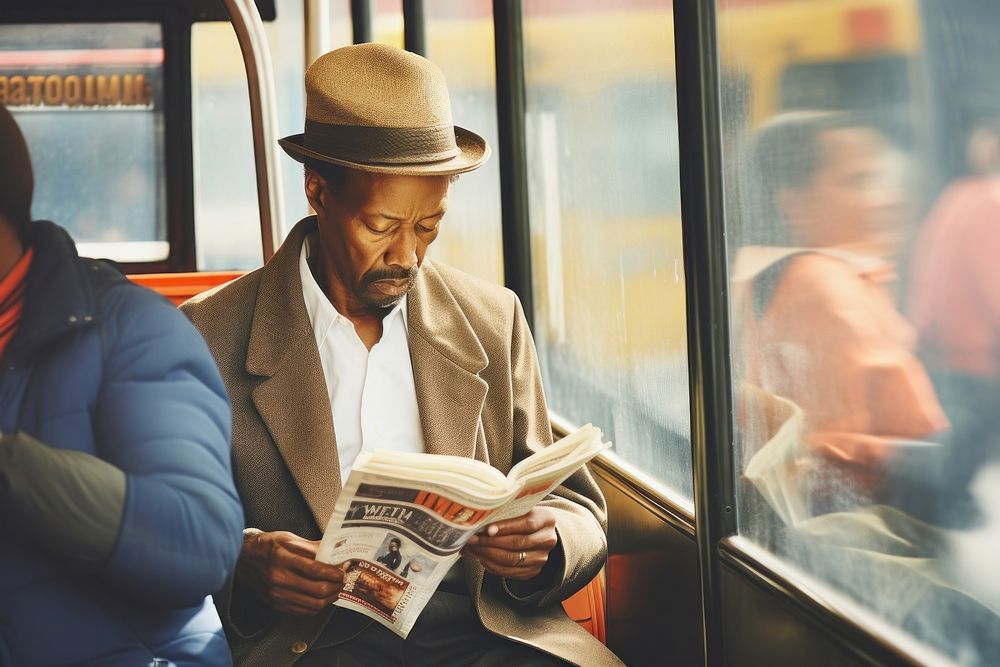 Motion blur old african american reading a book in bus adult architecture newspaper.