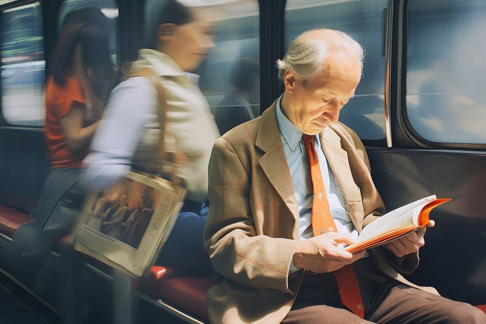 Motion blur old businessman reading book in train adult men architecture.