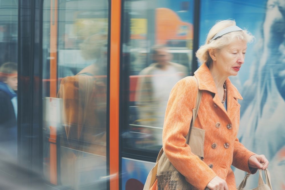 Motion blur old woman standing at bus stop portrait adult architecture.