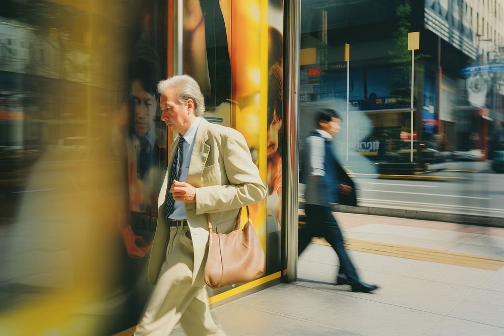 Motion blur old businessman walking and talking on a phone vehicle adult men.