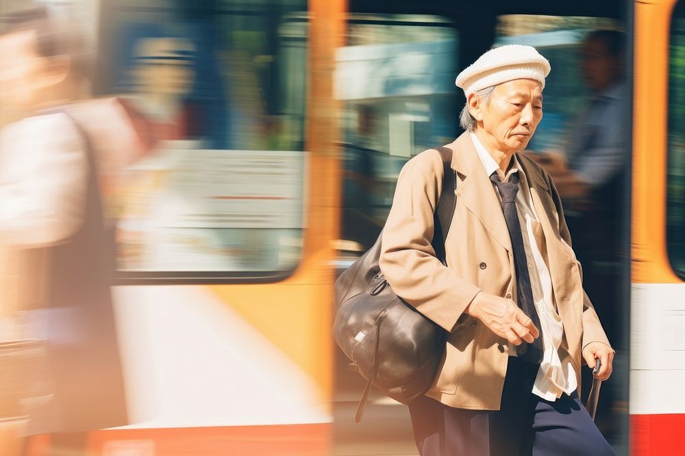 Motion blur old man standing at bus stop portrait adult architecture.