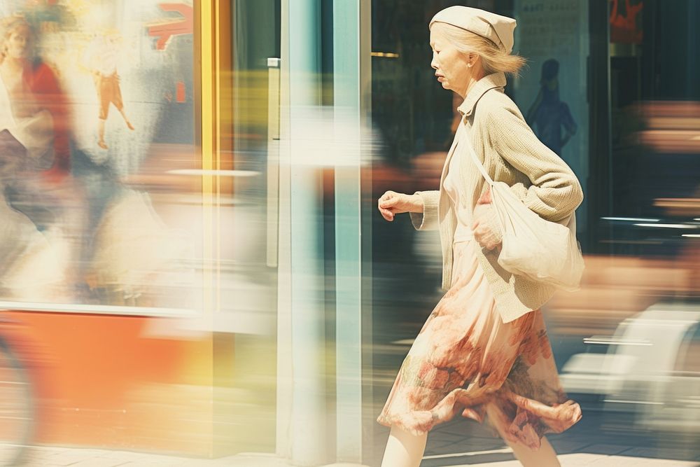Motion blur old woman walking on street adult architecture accessories.