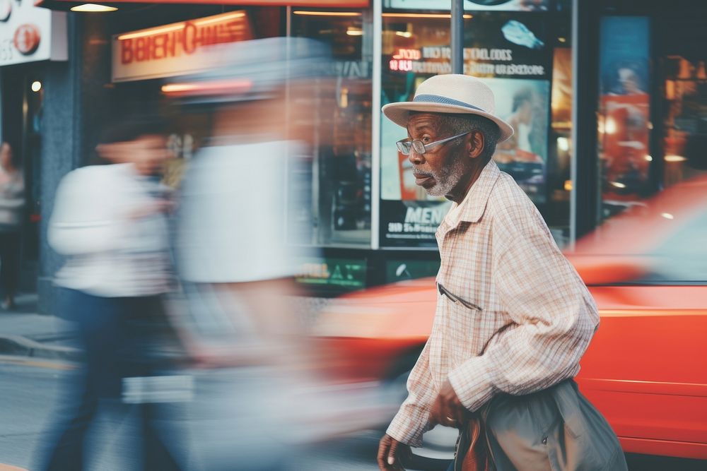 Motion blur old african american man crossing street portrait photography adult.