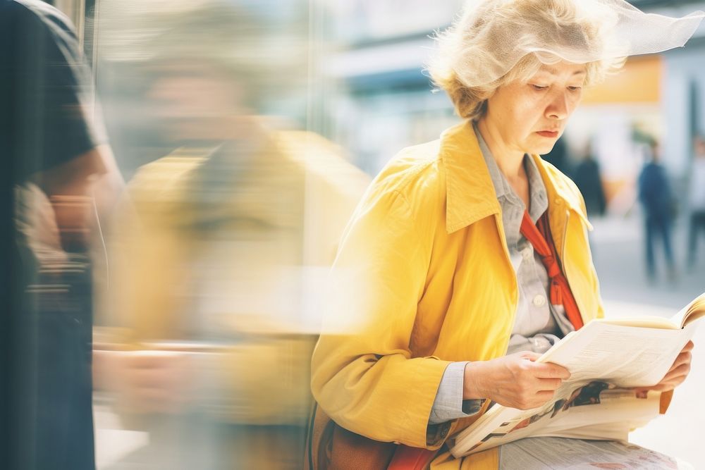 Motion blur old woman reading book in bus station portrait adult architecture.