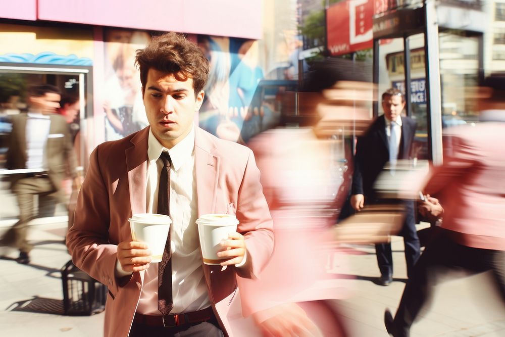 Motion blur businessman holding coffee cup portrait photography blazer.