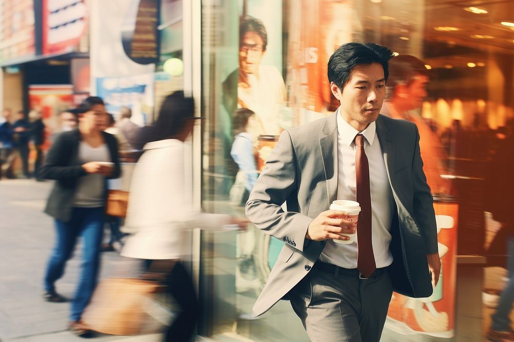 Motion blur businessman holding coffee cup portrait photography walking.