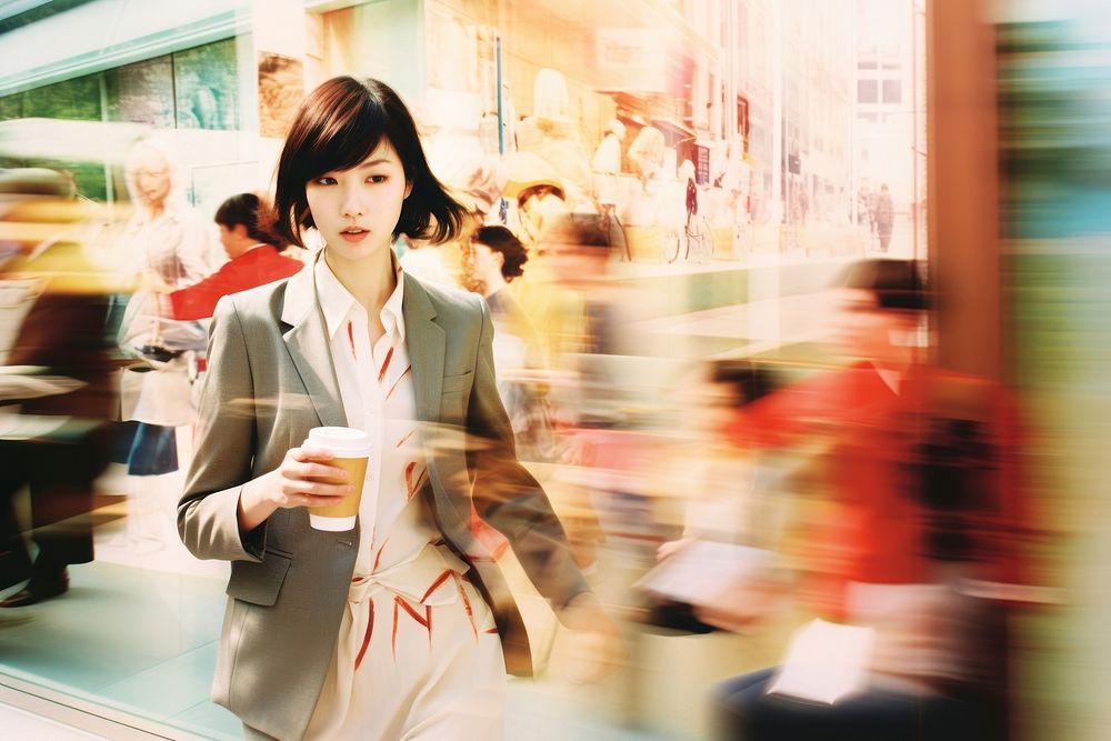 Motion blur businesswoman holding coffee cup portrait photography adult.