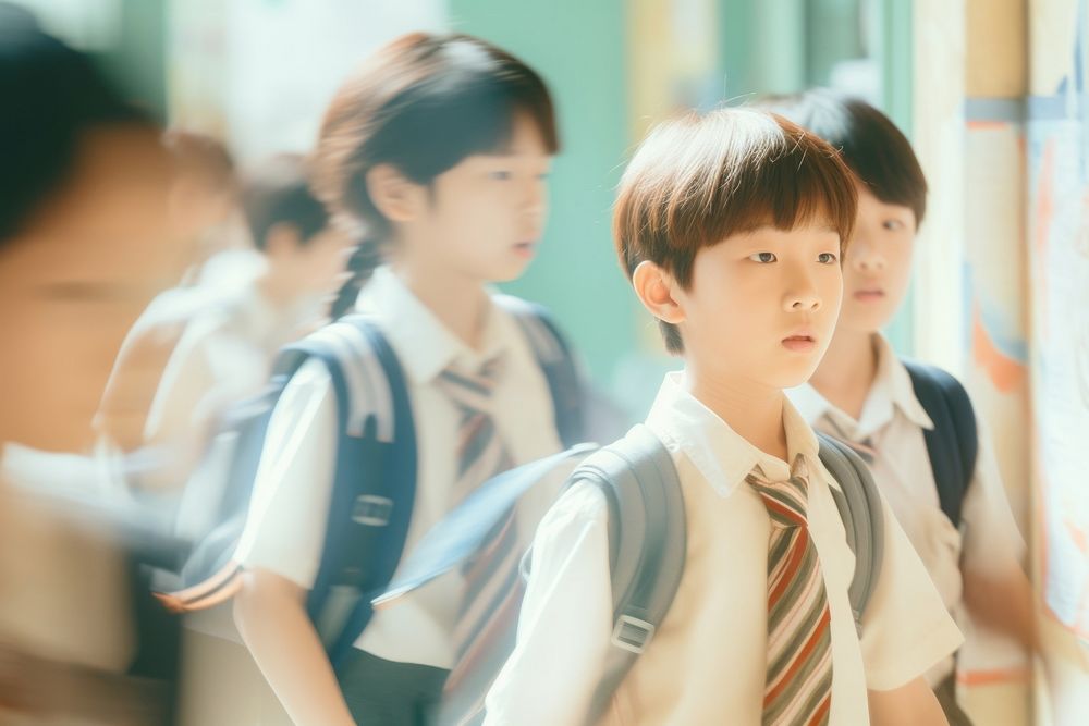 Motion blur little boy in school hall way portrait student adult.