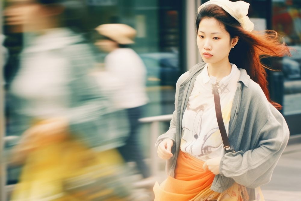 Motion blur pregnent woman walking on street portrait photography adult.