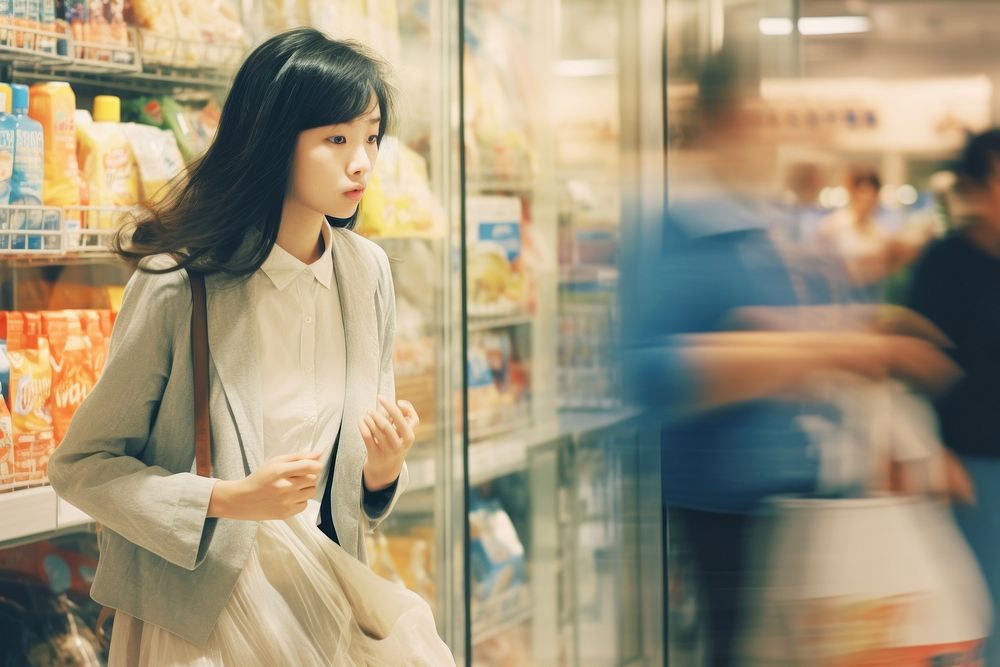 Motion blur woman walking in supermarket portrait adult architecture.
