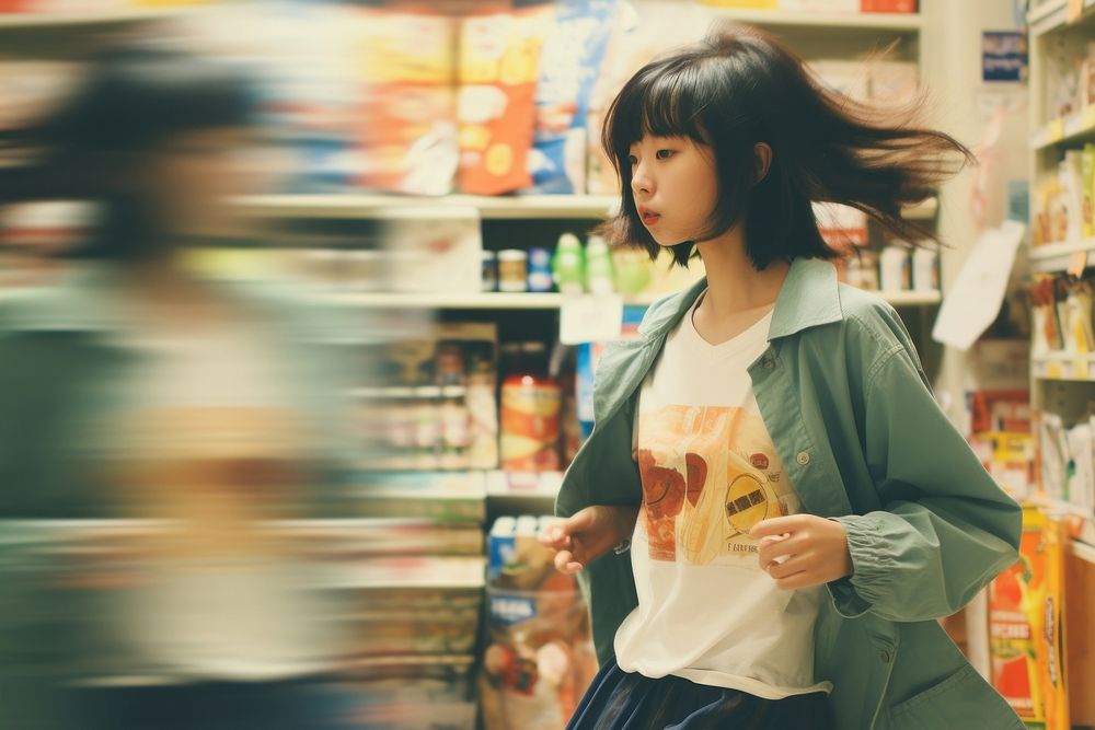 Motion blur woman walking in supermarket portrait adult consumerism.