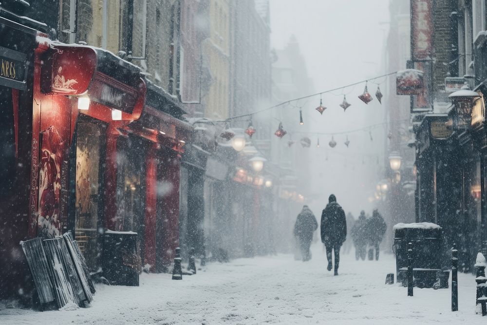 Snow winter in london blizzard outdoors street.
