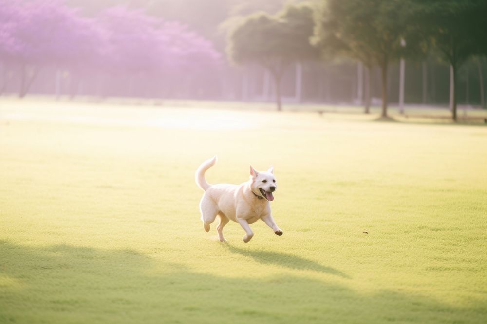 Dog happily running in park outdoors animal mammal.