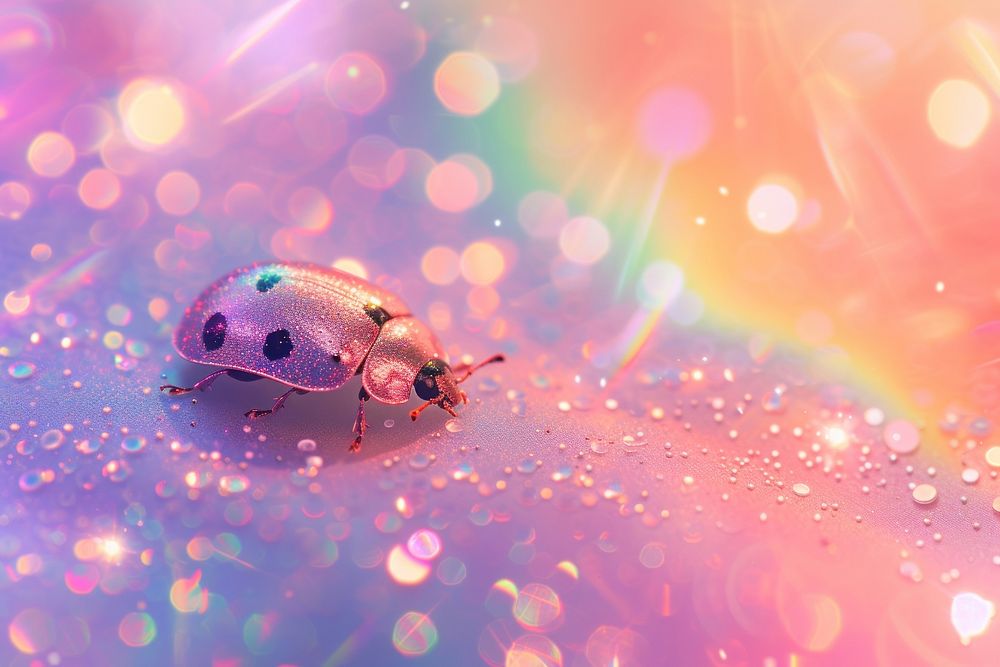 Holographic ladybug background purple invertebrate celebration.