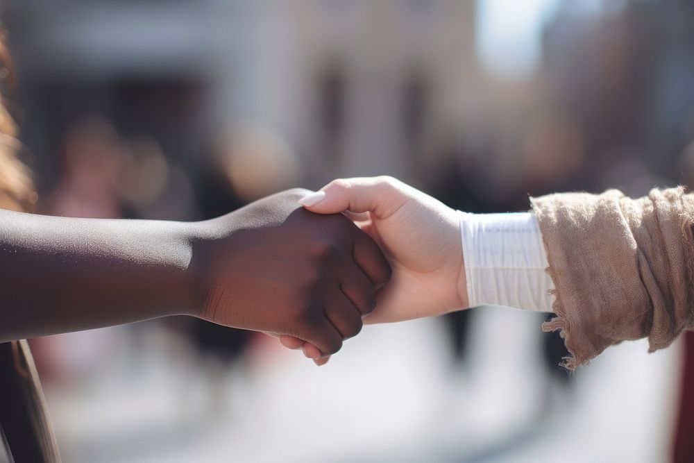 Two people from different races and skin tones hand handshake two people.