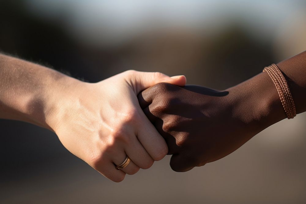 Two people from different races and skin tones hand ring two people.