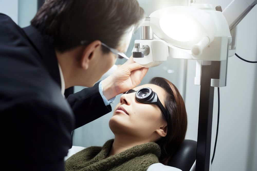 Woman getting eye consult doctor adult technology.