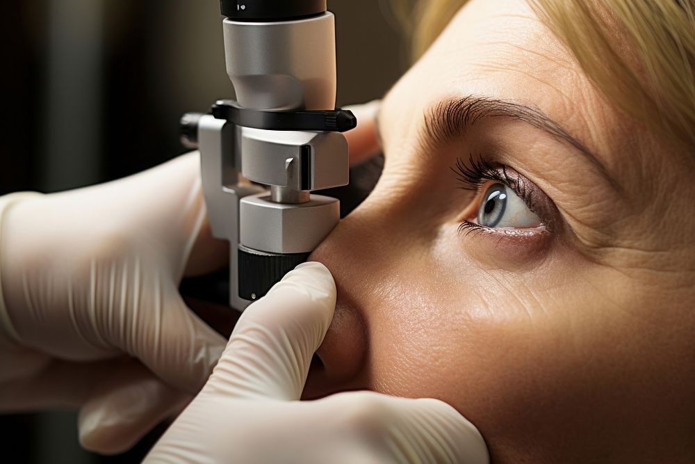 Woman getting eye consult adult architecture microscope.