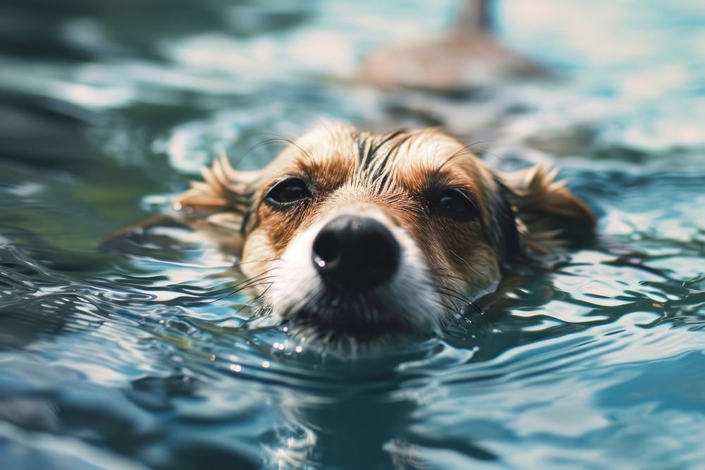 Dog swimming outdoors mammal animal. AI generated Image by rawpixel.