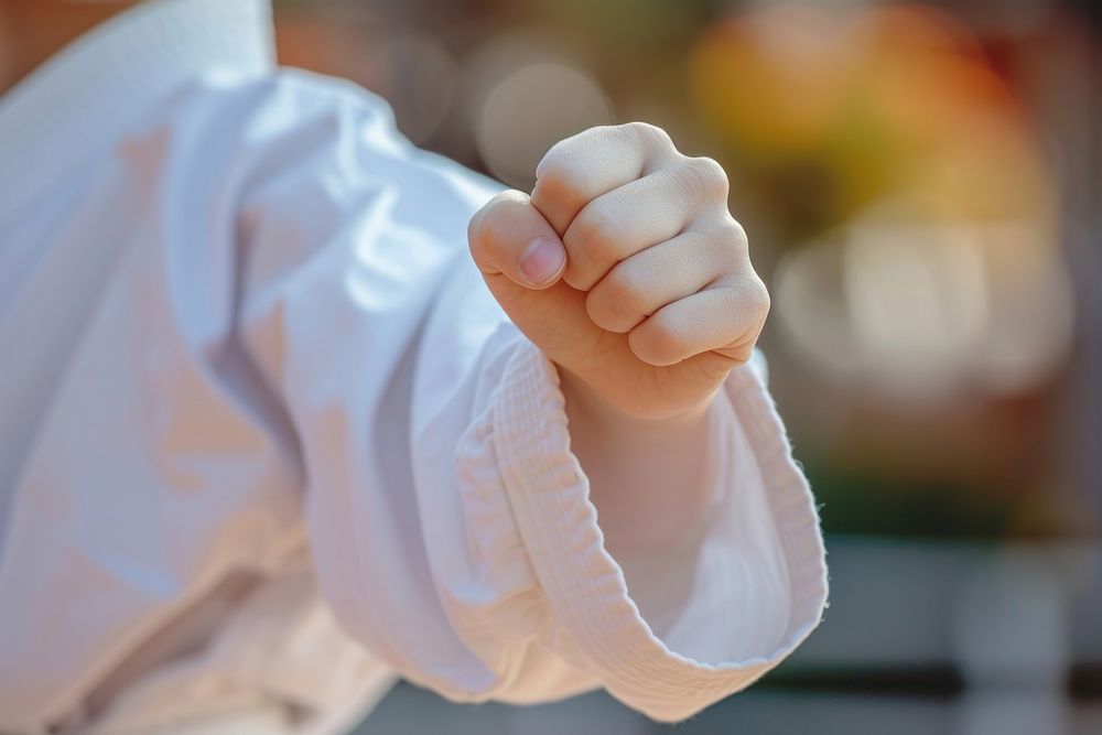 Kid karate fighter hands finger protection outdoors.