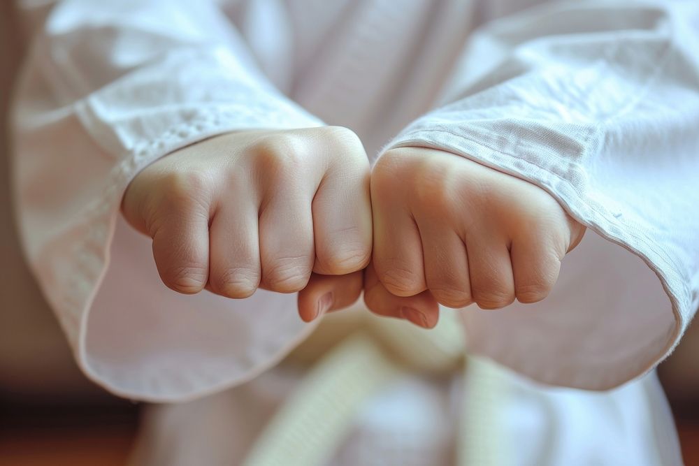 Kid karate fighter hands finger sports person.