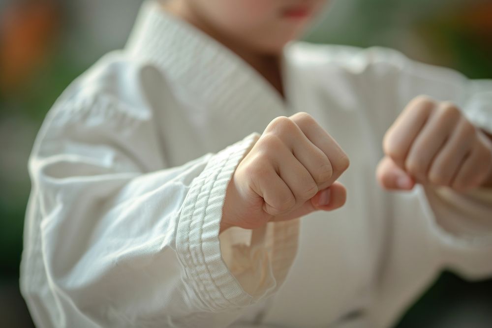 Kid karate fighter hands finger taekwondo clothing.