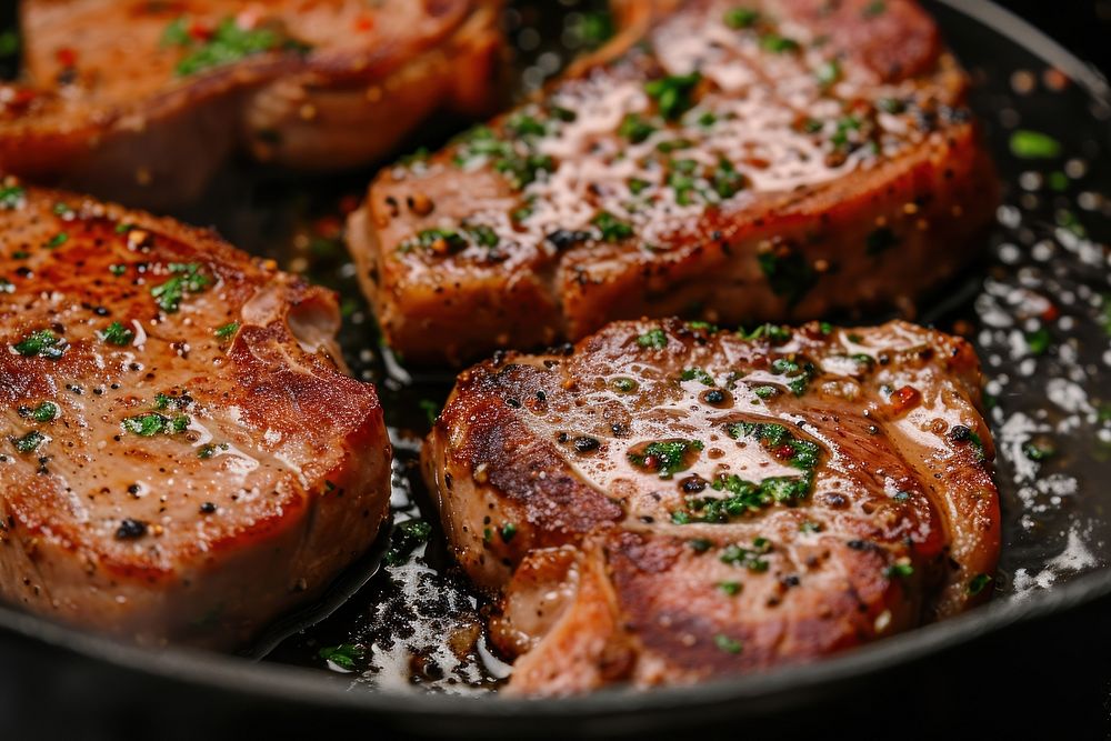 Pork chops seared in a cast cooking pork meat.