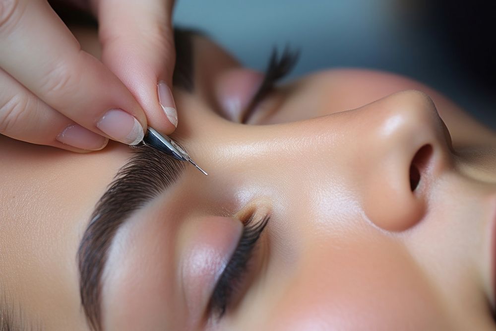 Young woman getting eyebrows treatment cosmetics adult perfection.