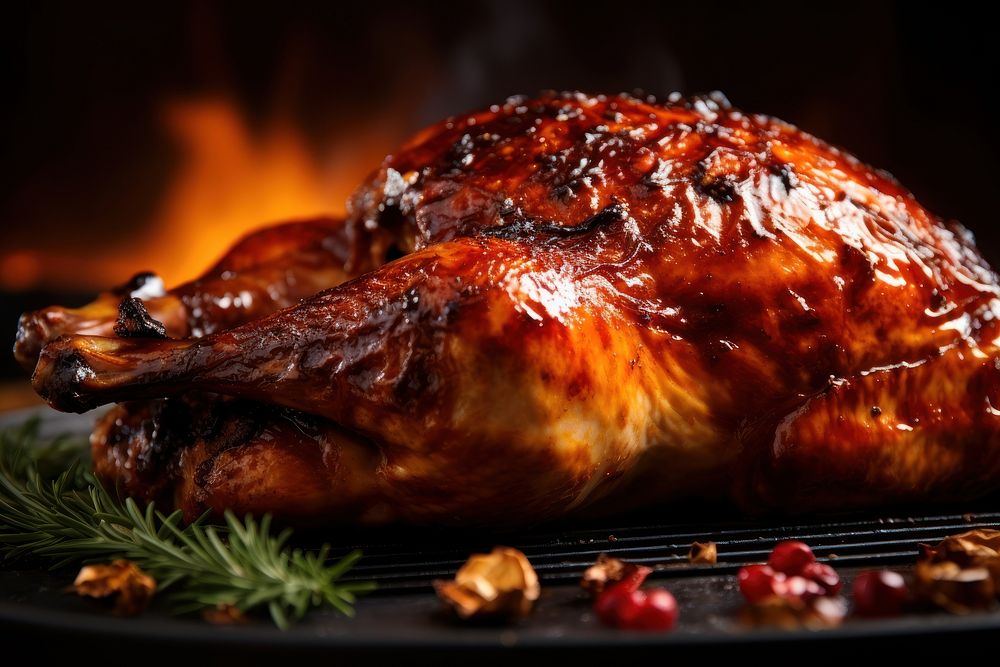 Extreme close up of Maple Bourbon Roasted Turkey food grilling roasted.