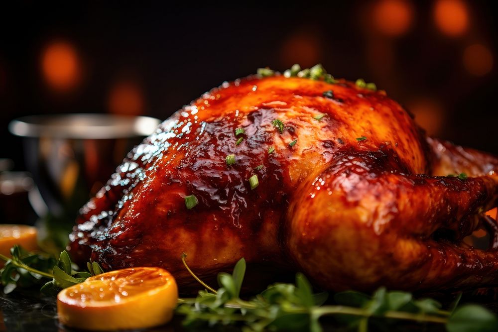 Extreme close up of Maple Bourbon Roasted Turkey food roasted dinner.