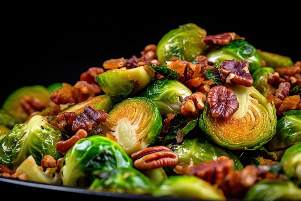 Extreme close up of Brussels Sprouts with Bacon and Pecans food vegetable plant.