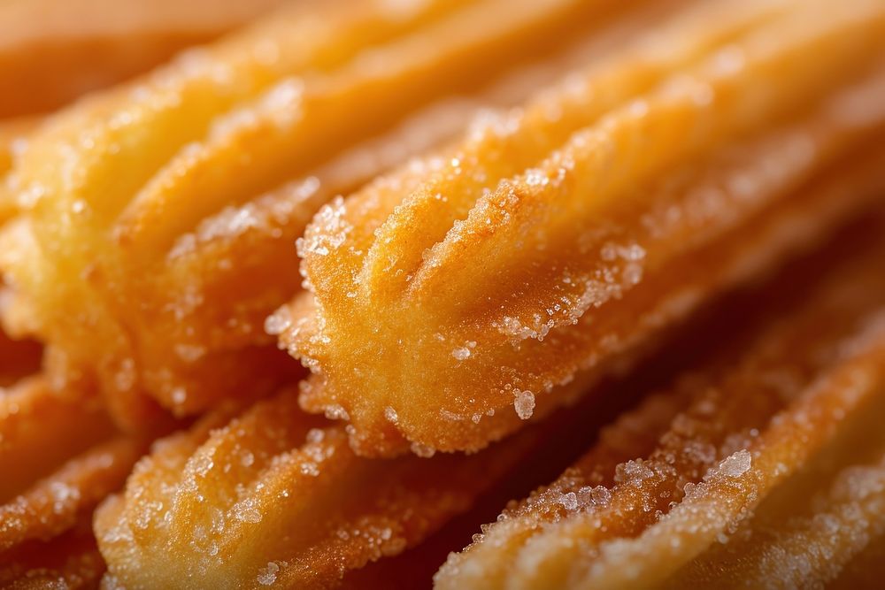 Extreme close up of churros food backgrounds confectionery.