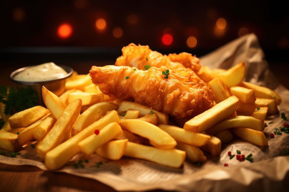 Extreme close up of fish and chips food table illuminated.