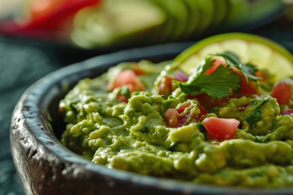 Extreme close up of guacamole food plate vegetable.