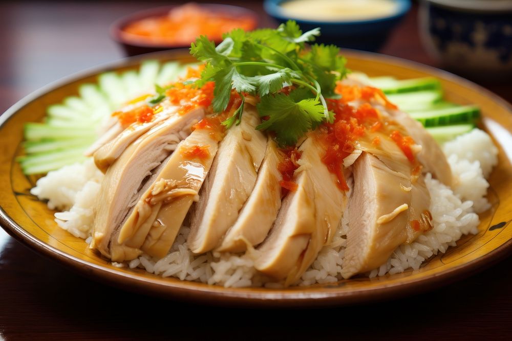 Extreme close up of Hainanese Chicken Rice food seafood plate.