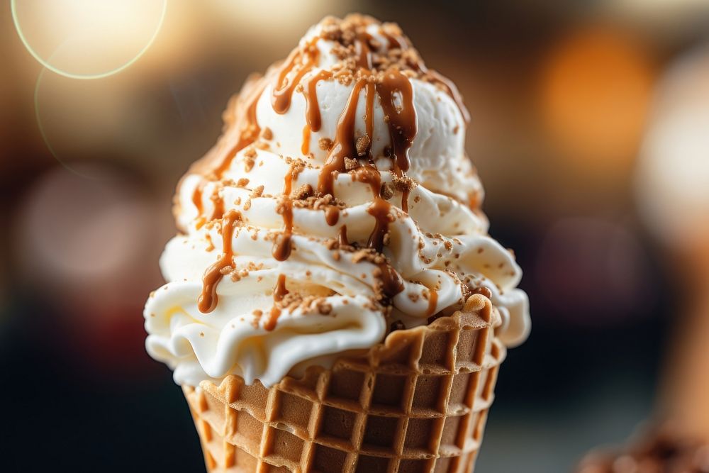Extreme close up of ice cream cone food dessert chocolate.