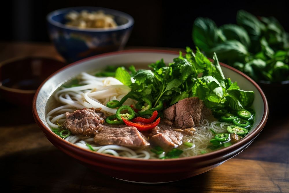 Extreme close up of Vietnam Pho food table soup.