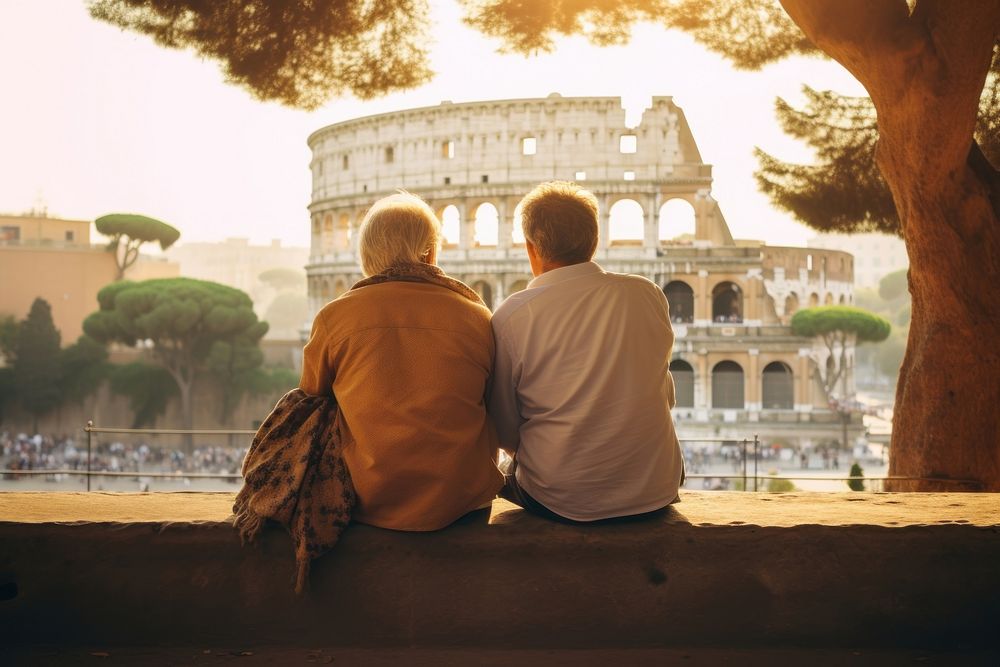 Middle age couple tourist sitting on bench in rome adult togetherness architecture.