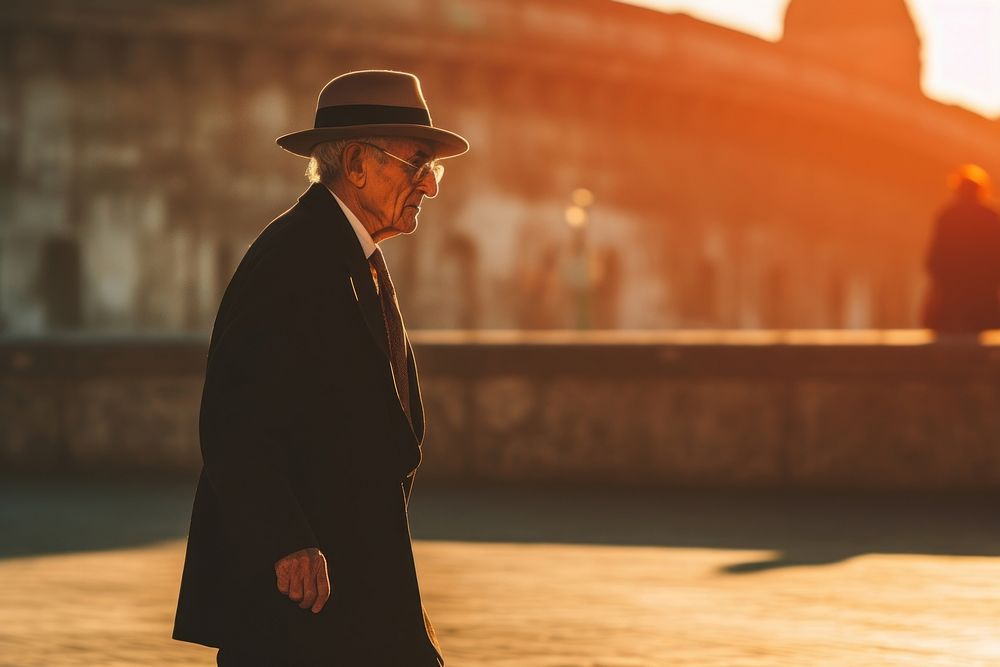 Old italian man walking in rome sunset adult architecture.