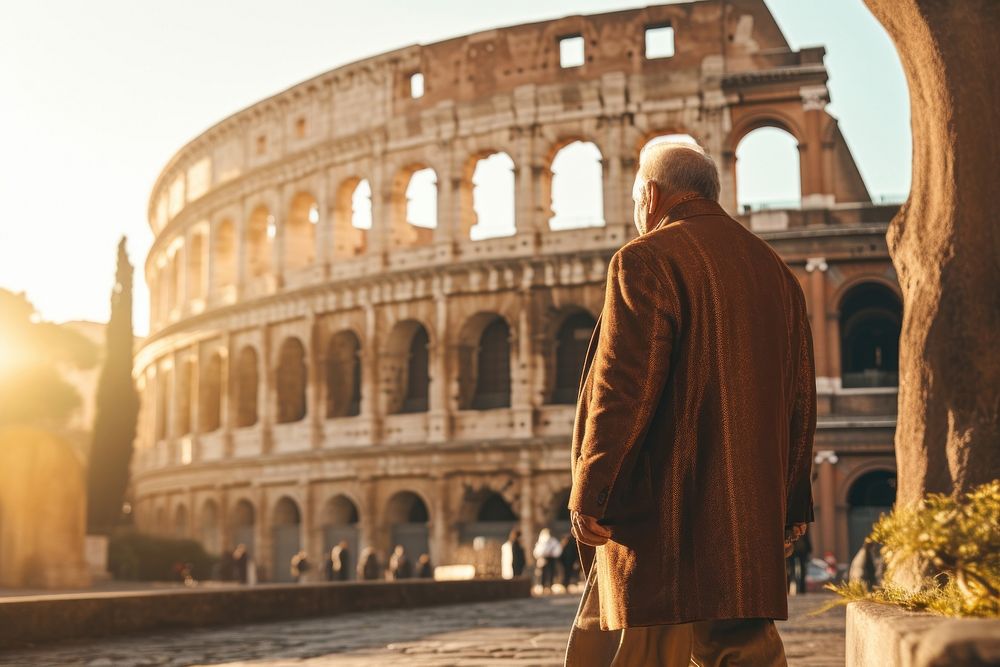 Old italian man walking in rome landmark amphitheater architecture.